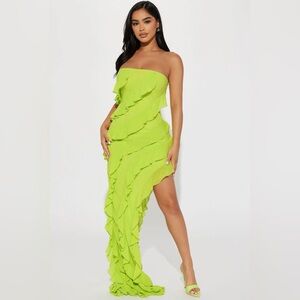 Skylar Chiffon Ruffle Maxi Dress- Chartreuse {XL}